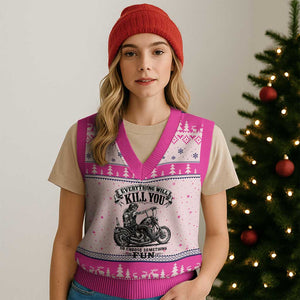 Skeleton Biker Vintage Motorcycle Graphic V-Neck Knit Sweater Vest Everything Will Kill You So Choose Something Fun TS10 Hot Pink Print Your Wear