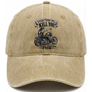 Skeleton Biker Vintage Motorcycle Graphic Washed Cotton Baseball Cap Everything Will Kill You So Choose Something Fun TS10 Print Your Wear