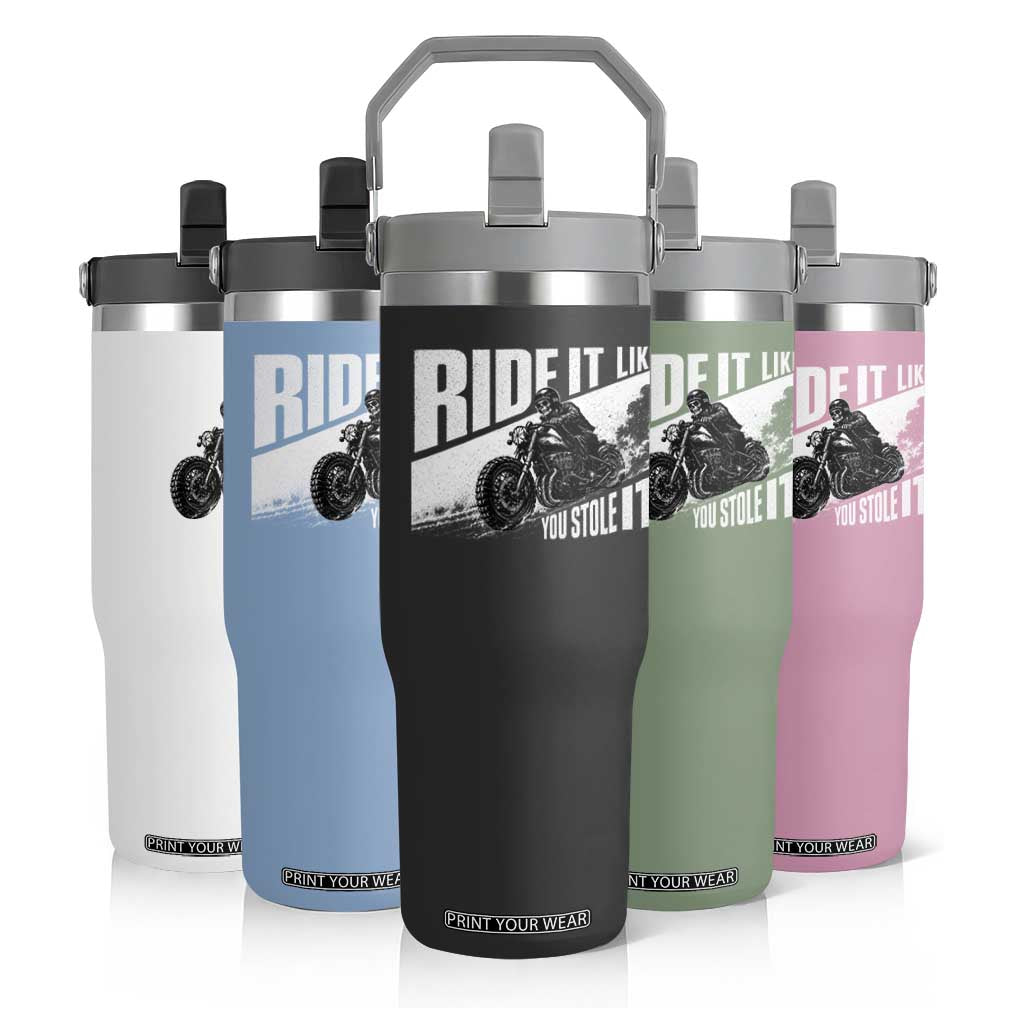 Ride It Like You Stole It Skeleton Biker Flip Straw Tumbler Vintage Motorcycle Rider TS10 Print Your Wear