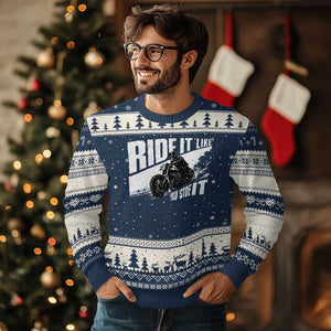 Ride It Like You Stole It Skeleton Biker Ugly Christmas Sweater Vintage Motorcycle Rider TS10 Navy Beige Print Your Wear