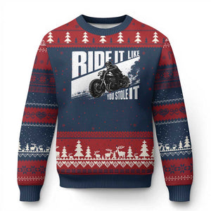 Ride It Like You Stole It Skeleton Biker Ugly Christmas Sweater Vintage Motorcycle Rider TS10 Navy Red Print Your Wear