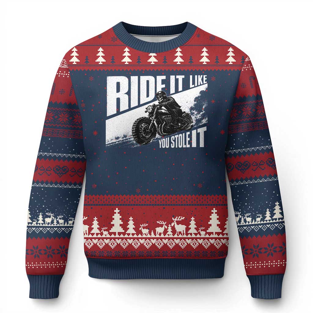 Ride It Like You Stole It Skeleton Biker Ugly Christmas Sweater Vintage Motorcycle Rider TS10 Navy Red Print Your Wear