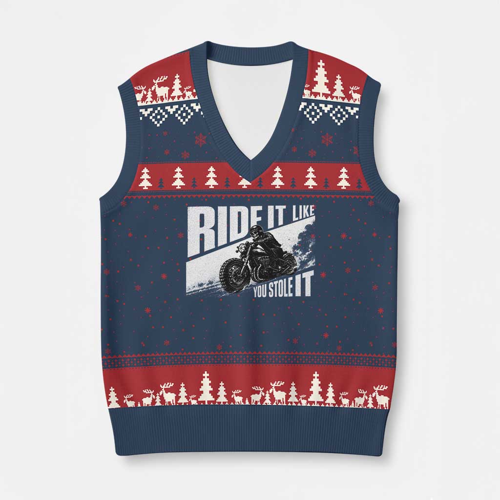 Ride It Like You Stole It Skeleton Biker V-Neck Knit Sweater Vest Vintage Motorcycle Rider TS10 Navy Red Print Your Wear