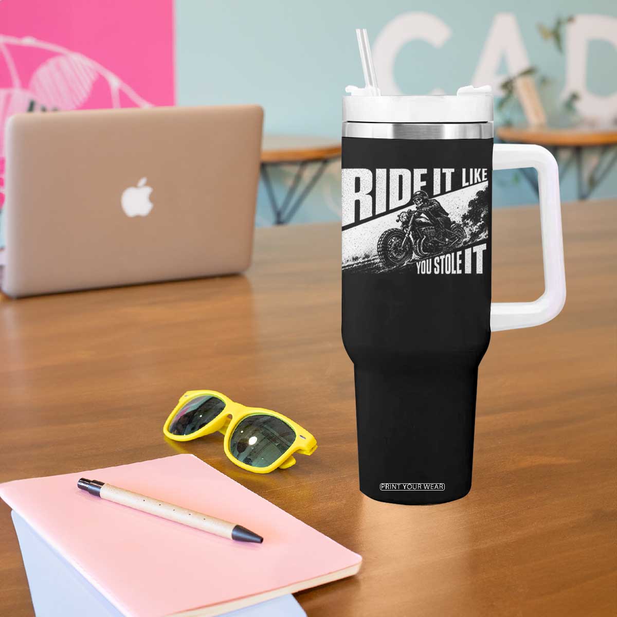 Ride It Like You Stole It Skeleton Biker Tumbler With Handle Vintage Motorcycle Rider TS10 Print Your Wear