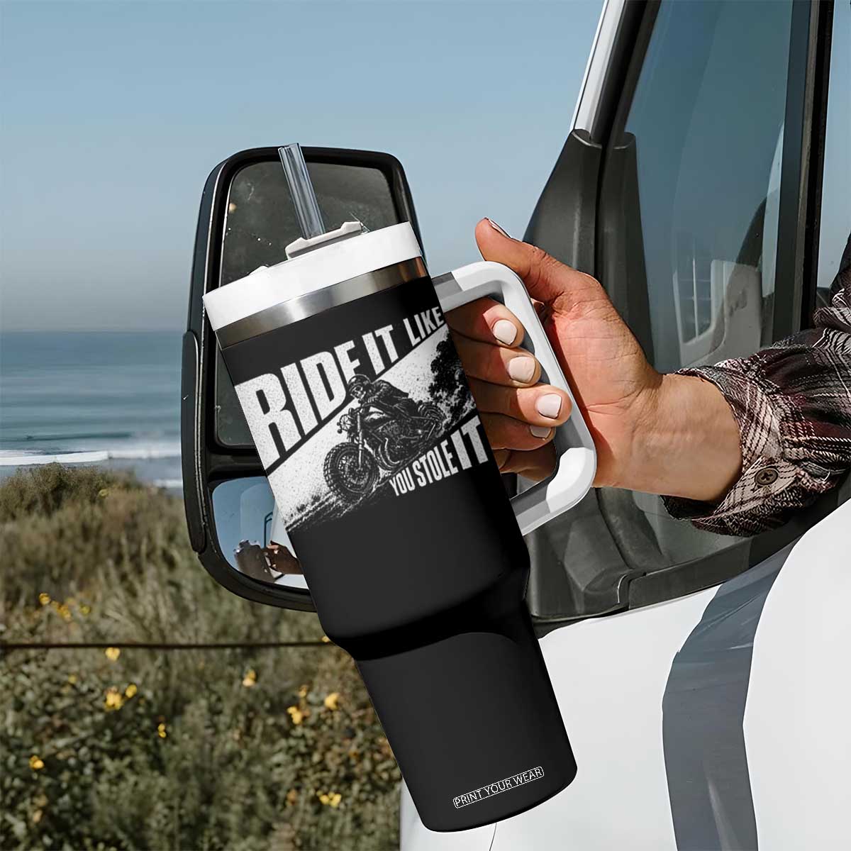 Ride It Like You Stole It Skeleton Biker Tumbler With Handle Vintage Motorcycle Rider TS10 Print Your Wear