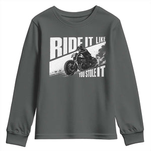 Ride It Like You Stole It Skeleton Biker Youth Sweatshirt Vintage Motorcycle Rider TS10 Dark Heather Print Your Wear