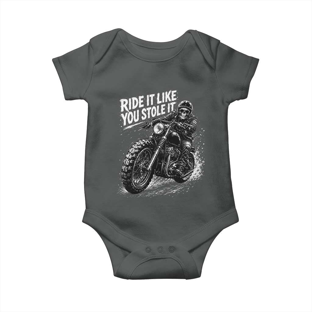 Ride It Like You Stole It Skeleton Rider Vintage Motorcycle Graphic Baby Onesie Biker Enthusiasts TS10 Dark Heather Print Your Wear