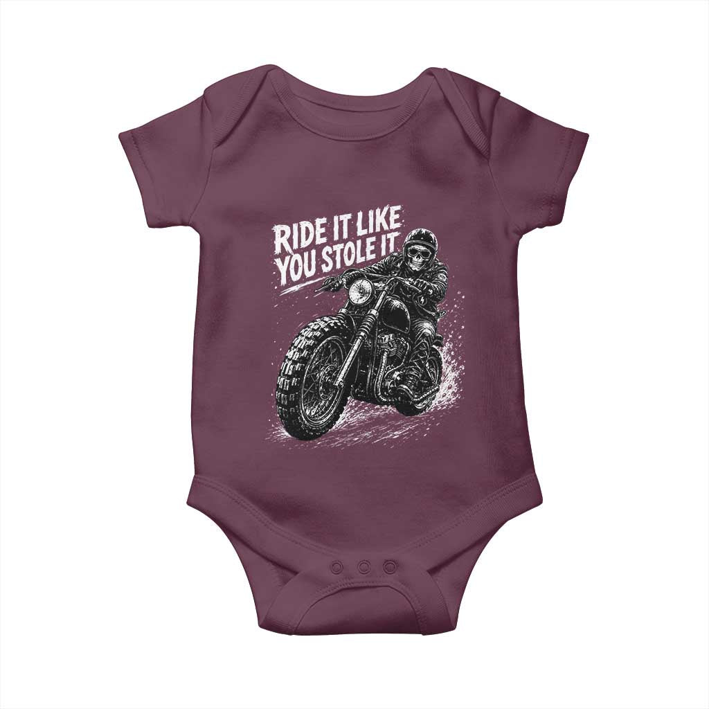 Ride It Like You Stole It Skeleton Rider Vintage Motorcycle Graphic Baby Onesie Biker Enthusiasts TS10 Maroon Print Your Wear