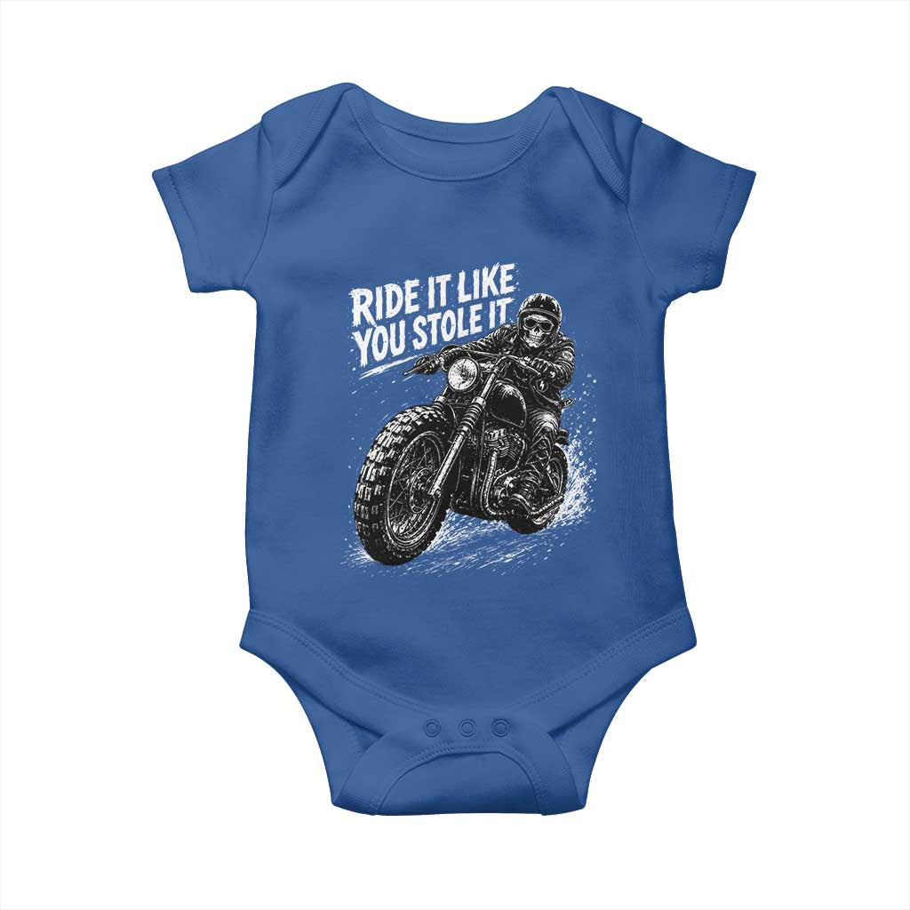Ride It Like You Stole It Skeleton Rider Vintage Motorcycle Graphic Baby Onesie Biker Enthusiasts TS10 Royal Blue Print Your Wear