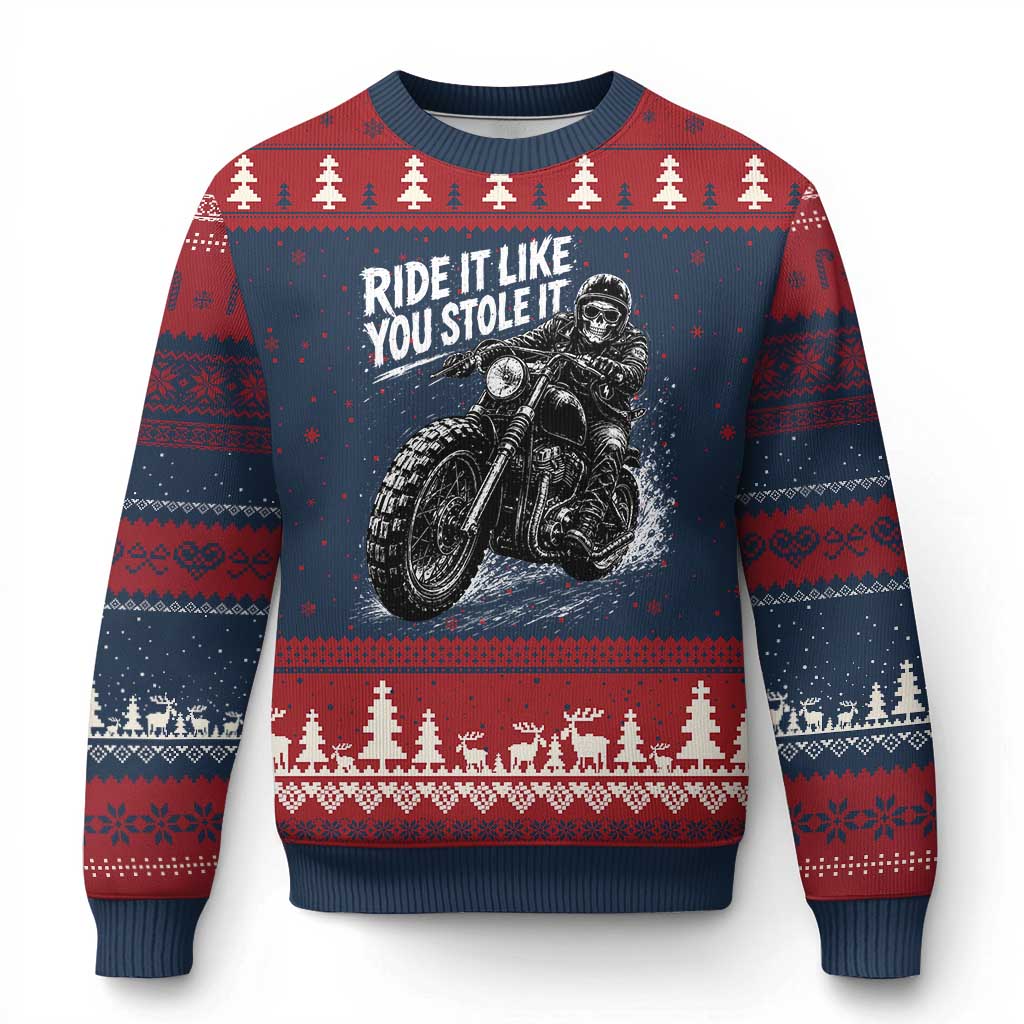 Ride It Like You Stole It Skeleton Rider Vintage Motorcycle Graphic Ugly Christmas Sweater Biker Enthusiasts TS10 Navy Red Print Your Wear