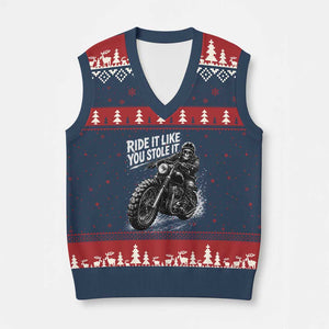 Ride It Like You Stole It Skeleton Rider Vintage Motorcycle Graphic V-Neck Knit Sweater Vest Biker Enthusiasts TS10 Navy Red Print Your Wear