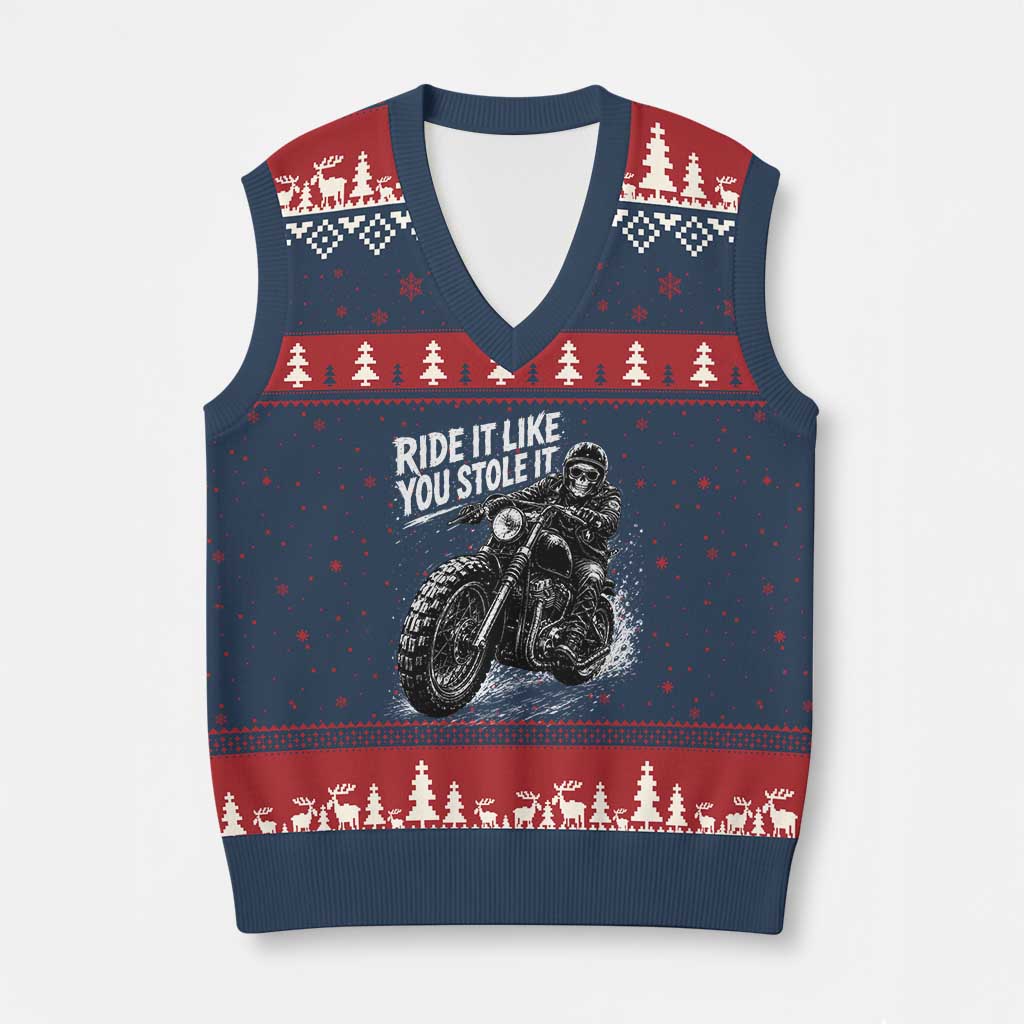 Ride It Like You Stole It Skeleton Rider Vintage Motorcycle Graphic V-Neck Knit Sweater Vest Biker Enthusiasts TS10 Navy Red Print Your Wear