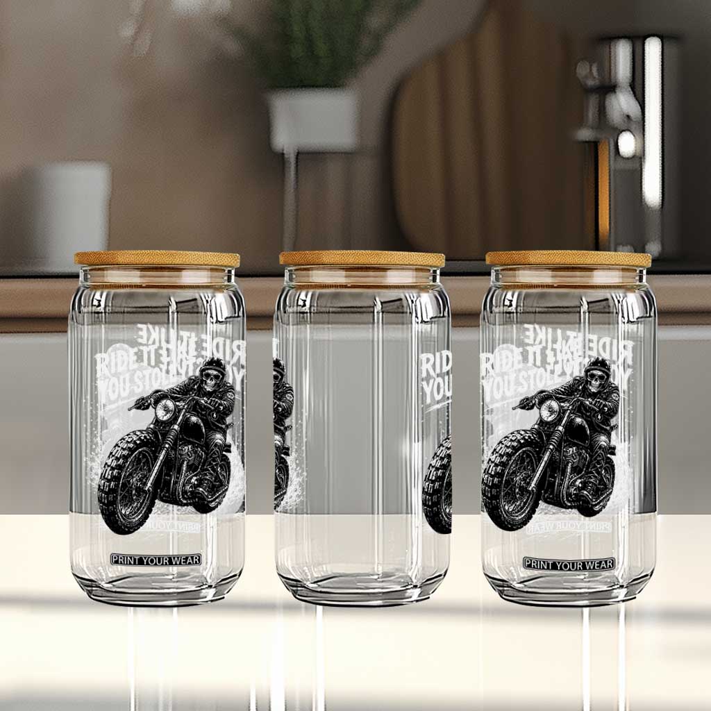 Ride It Like You Stole It Skeleton Rider Vintage Motorcycle Graphic Glass Can Biker Enthusiasts TS10 Print Your Wear