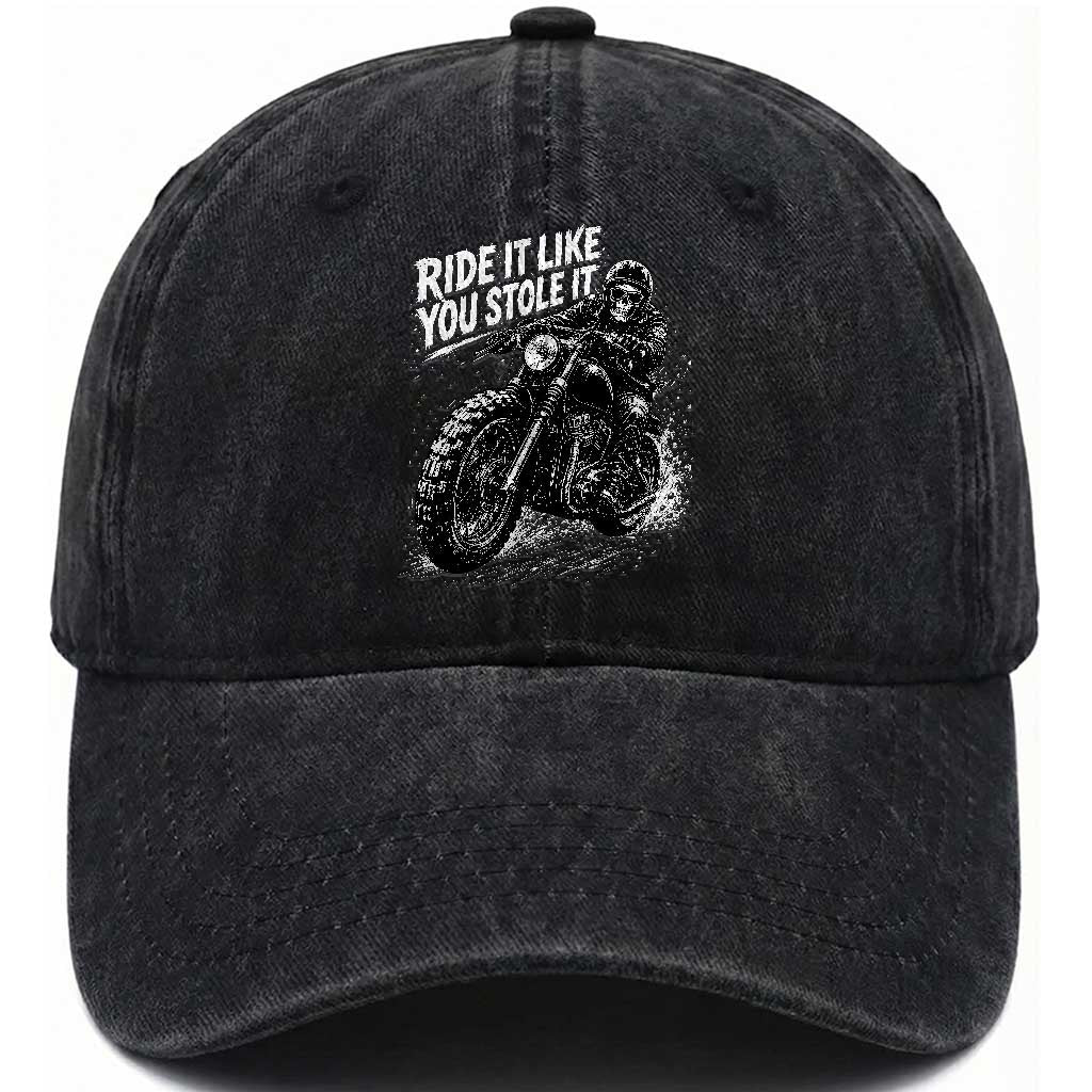 Ride It Like You Stole It Skeleton Rider Vintage Motorcycle Graphic Washed Cotton Baseball Cap Biker Enthusiasts TS10 Print Your Wear