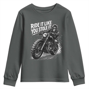 Ride It Like You Stole It Skeleton Rider Vintage Motorcycle Graphic Youth Sweatshirt Biker Enthusiasts TS10 Dark Heather Print Your Wear