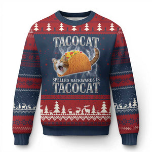 Tacocat Spelled Backwards Is Tacocat Ugly Christmas Sweater Funny Cat Gift 90s Bootleg TS10 Navy Red Print Your Wear