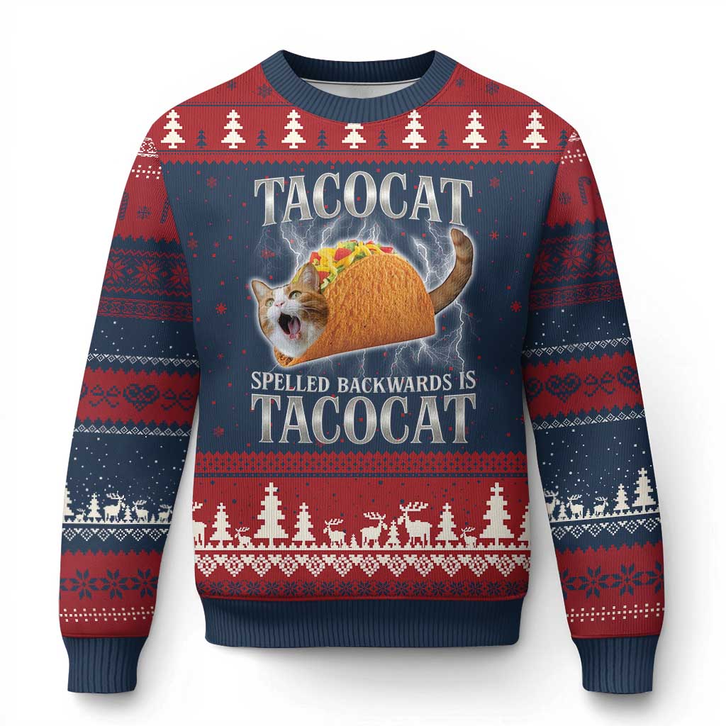 Tacocat Spelled Backwards Is Tacocat Ugly Christmas Sweater Funny Cat Gift 90s Bootleg TS10 Navy Red Print Your Wear