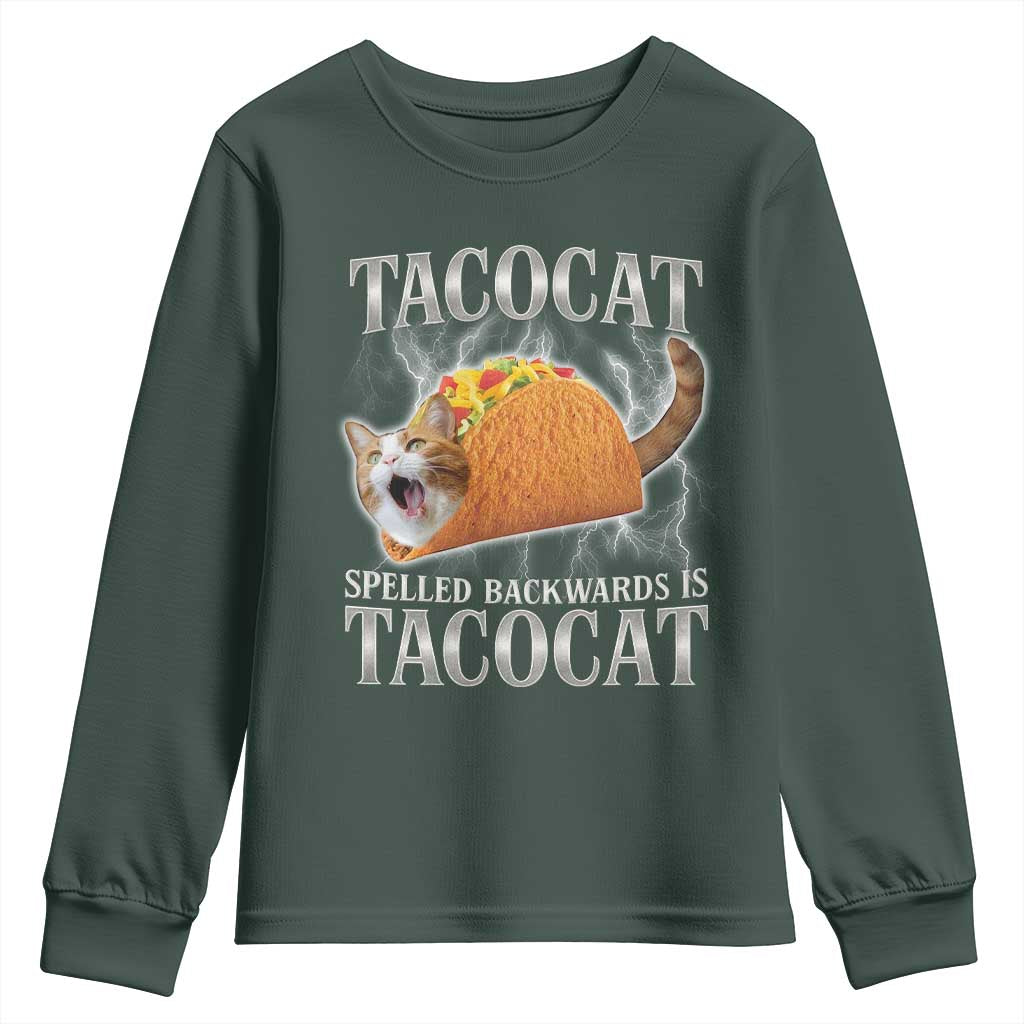 Tacocat Spelled Backwards Is Tacocat Youth Sweatshirt Funny Cat Gift 90s Bootleg TS10 Dark Forest Green Print Your Wear