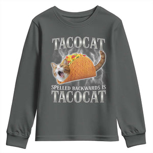 Tacocat Spelled Backwards Is Tacocat Youth Sweatshirt Funny Cat Gift 90s Bootleg TS10 Dark Heather Print Your Wear