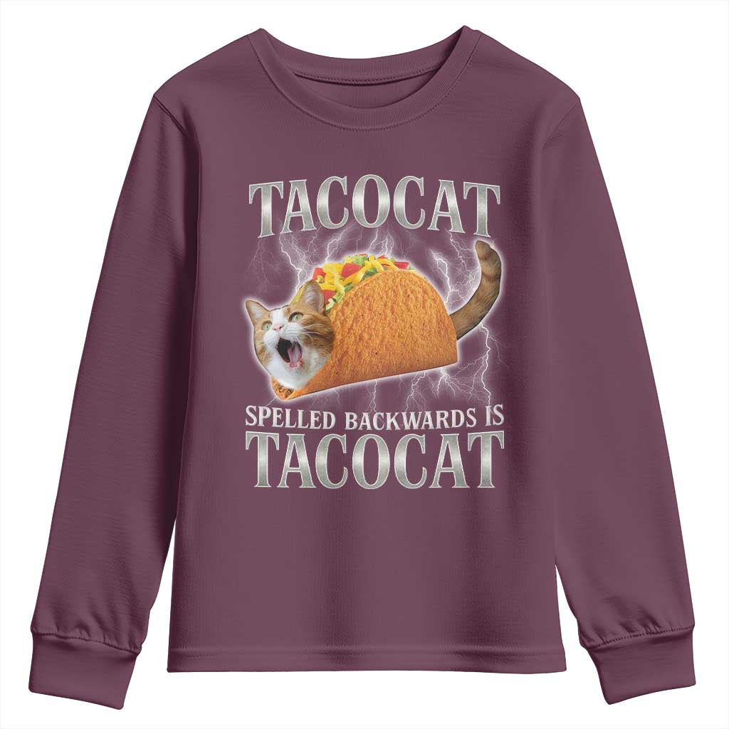 Tacocat Spelled Backwards Is Tacocat Youth Sweatshirt Funny Cat Gift 90s Bootleg TS10 Maroon Print Your Wear