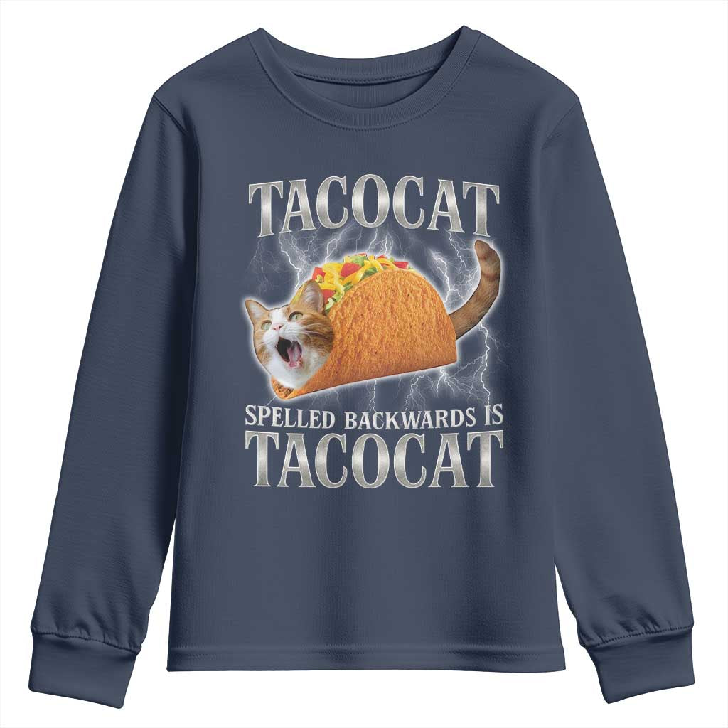 Tacocat Spelled Backwards Is Tacocat Youth Sweatshirt Funny Cat Gift 90s Bootleg TS10 Navy Print Your Wear