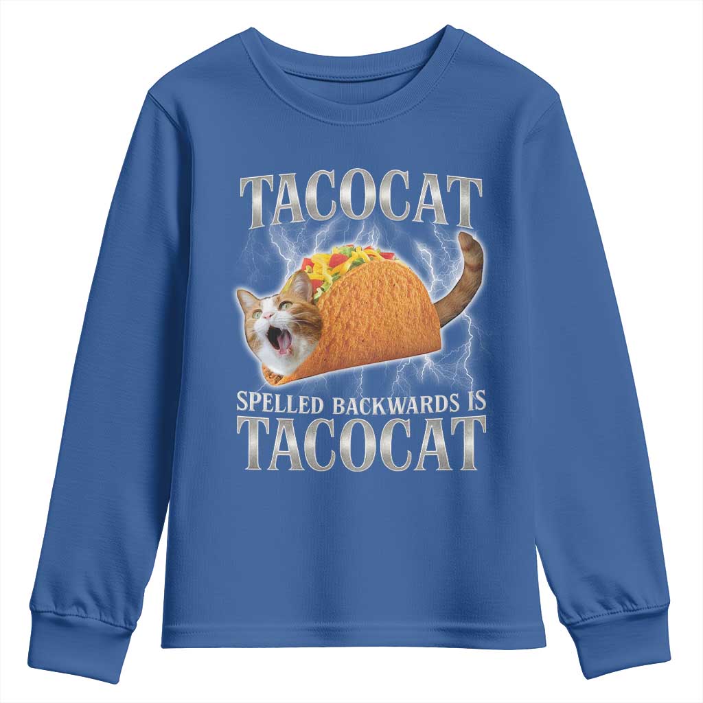 Tacocat Spelled Backwards Is Tacocat Youth Sweatshirt Funny Cat Gift 90s Bootleg TS10 Royal Blue Print Your Wear