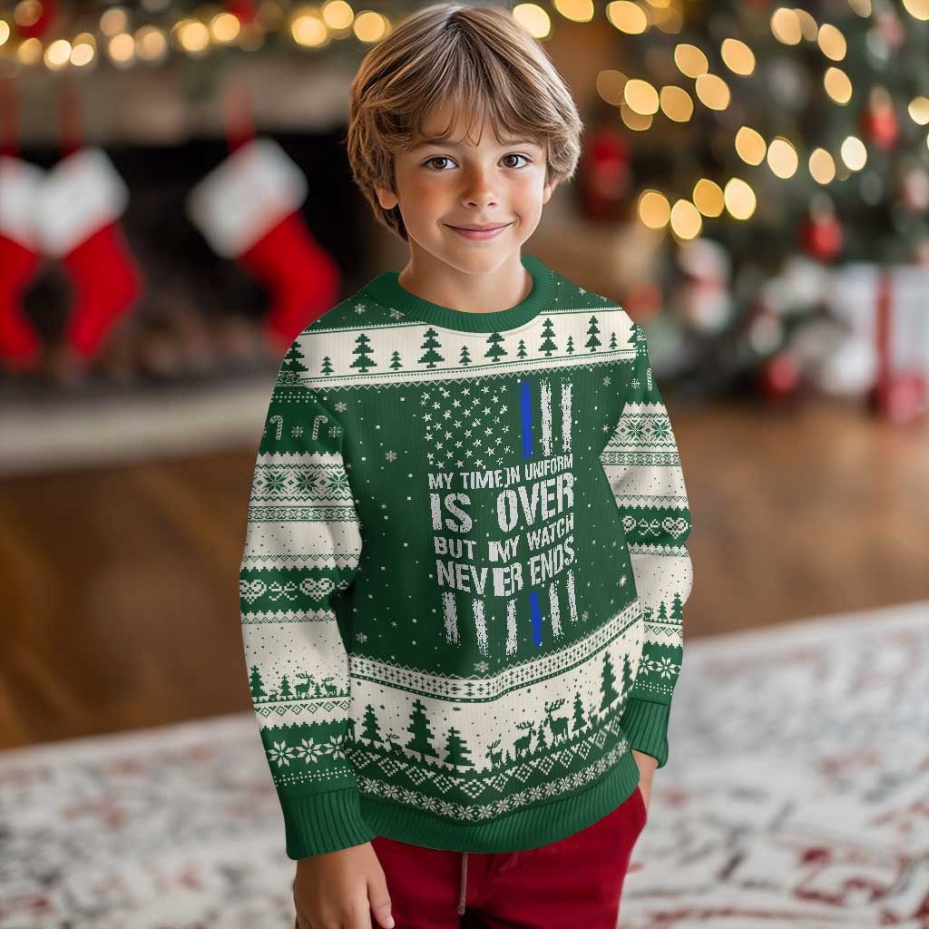 Police Retirement Ugly Christmas Sweater My Time In Uniform Is Over USA Flag Retied Officer Gifts TS10 Forest Green Beige Print Your Wear