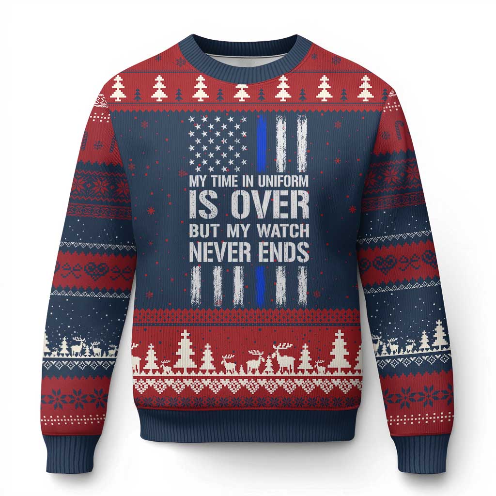 Police Retirement Ugly Christmas Sweater My Time In Uniform Is Over USA Flag Retied Officer Gifts TS10 Navy Red Print Your Wear