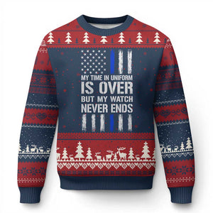 Police Retirement Ugly Christmas Sweater My Time In Uniform Is Over USA Flag Retied Officer Gifts TS10 Navy Red Print Your Wear