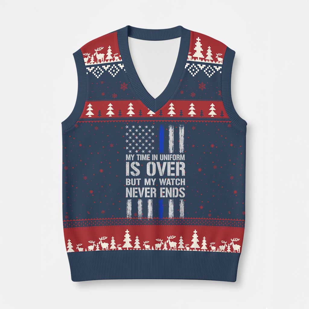 Police Retirement V-Neck Knit Sweater Vest My Time In Uniform Is Over USA Flag Retied Officer Gifts TS10 Navy Red Print Your Wear