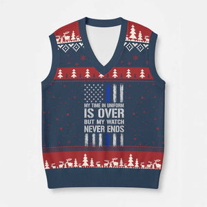 Police Retirement V-Neck Knit Sweater Vest My Time In Uniform Is Over USA Flag Retied Officer Gifts TS10 Navy Red Print Your Wear