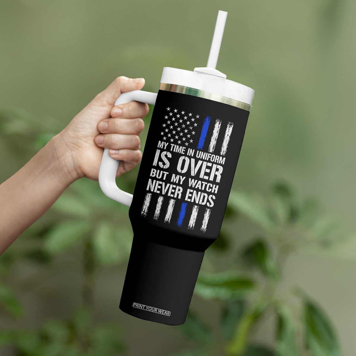 Police Retirement Tumbler With Handle My Time In Uniform Is Over USA Flag Retied Officer Gifts