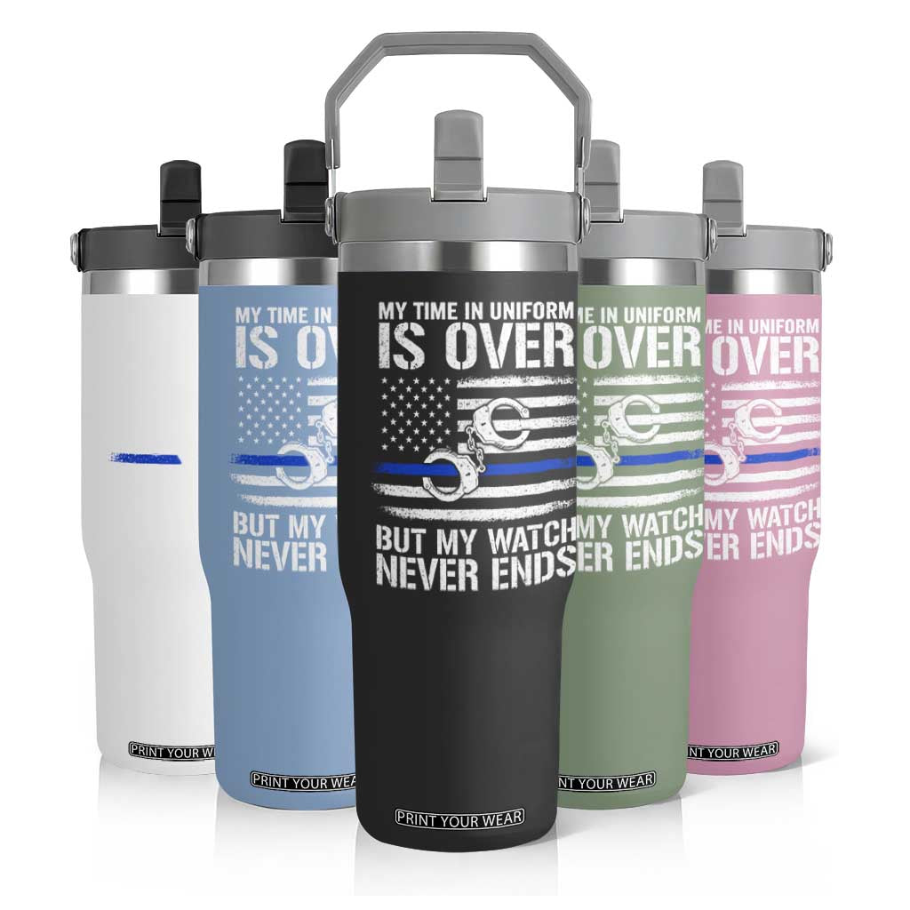 Police Retirement Flip Straw Tumbler Handcuffs US Flag Retired Police Graphic
