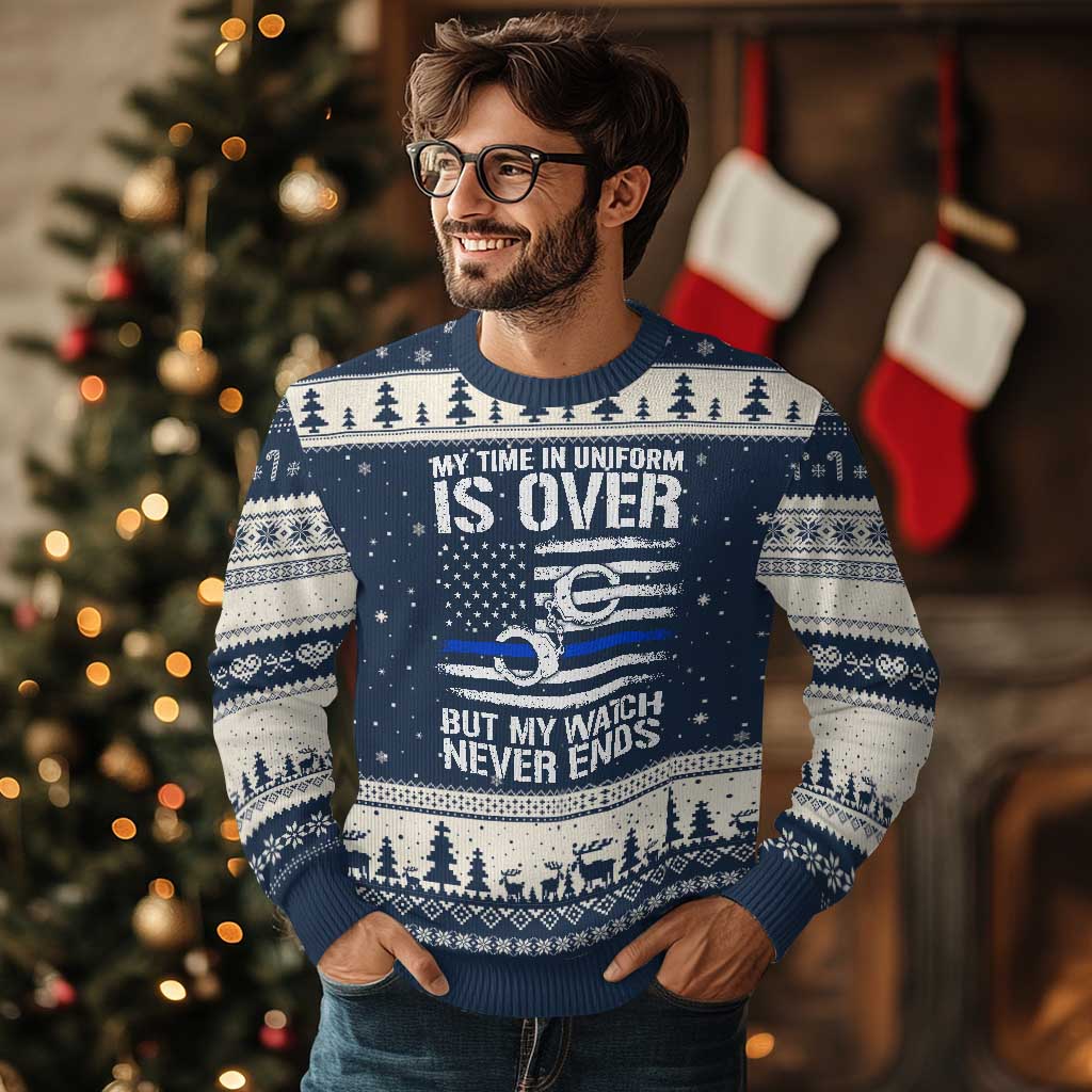 Police Retirement Ugly Christmas Sweater Handcuffs US Flag Retired Police Graphic TS10 Navy Beige Print Your Wear