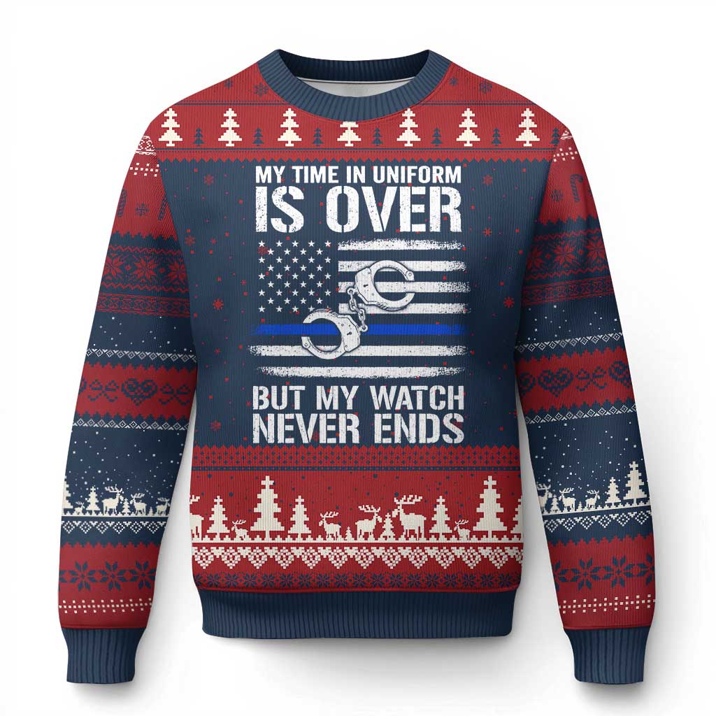 Police Retirement Ugly Christmas Sweater Handcuffs US Flag Retired Police Graphic TS10 Navy Red Print Your Wear
