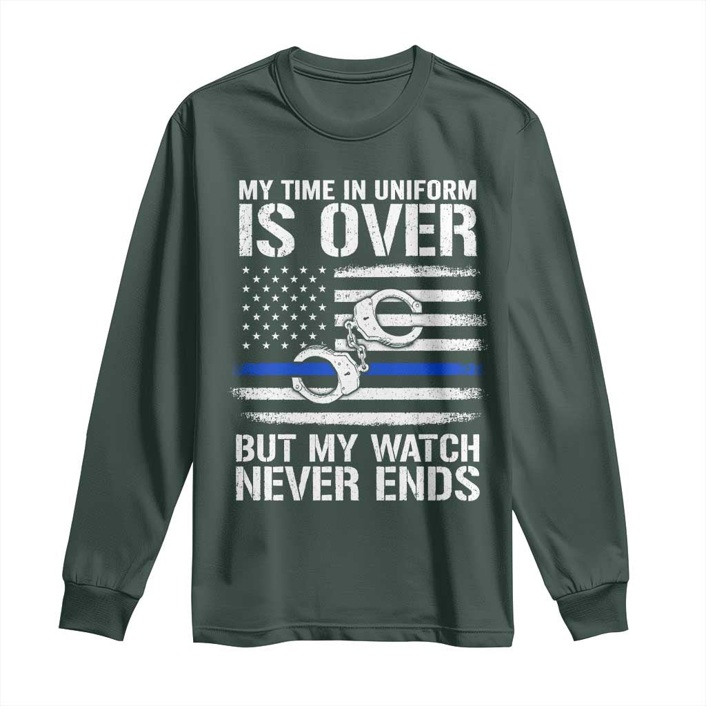 Police Retirement Long Sleeve Shirt Handcuffs US Flag Retired Police Graphic TS10 Dark Forest Green Print Your Wear