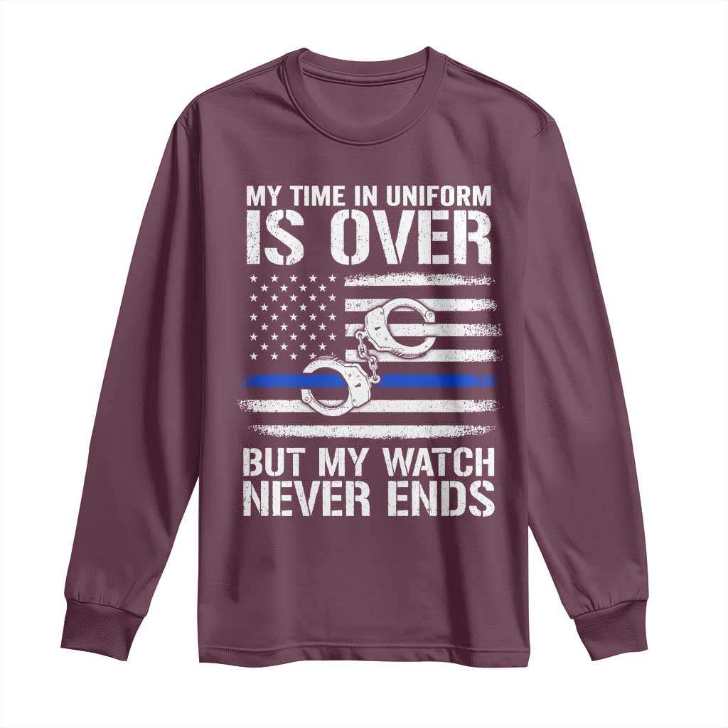 Police Retirement Long Sleeve Shirt Handcuffs US Flag Retired Police Graphic TS10 Maroon Print Your Wear