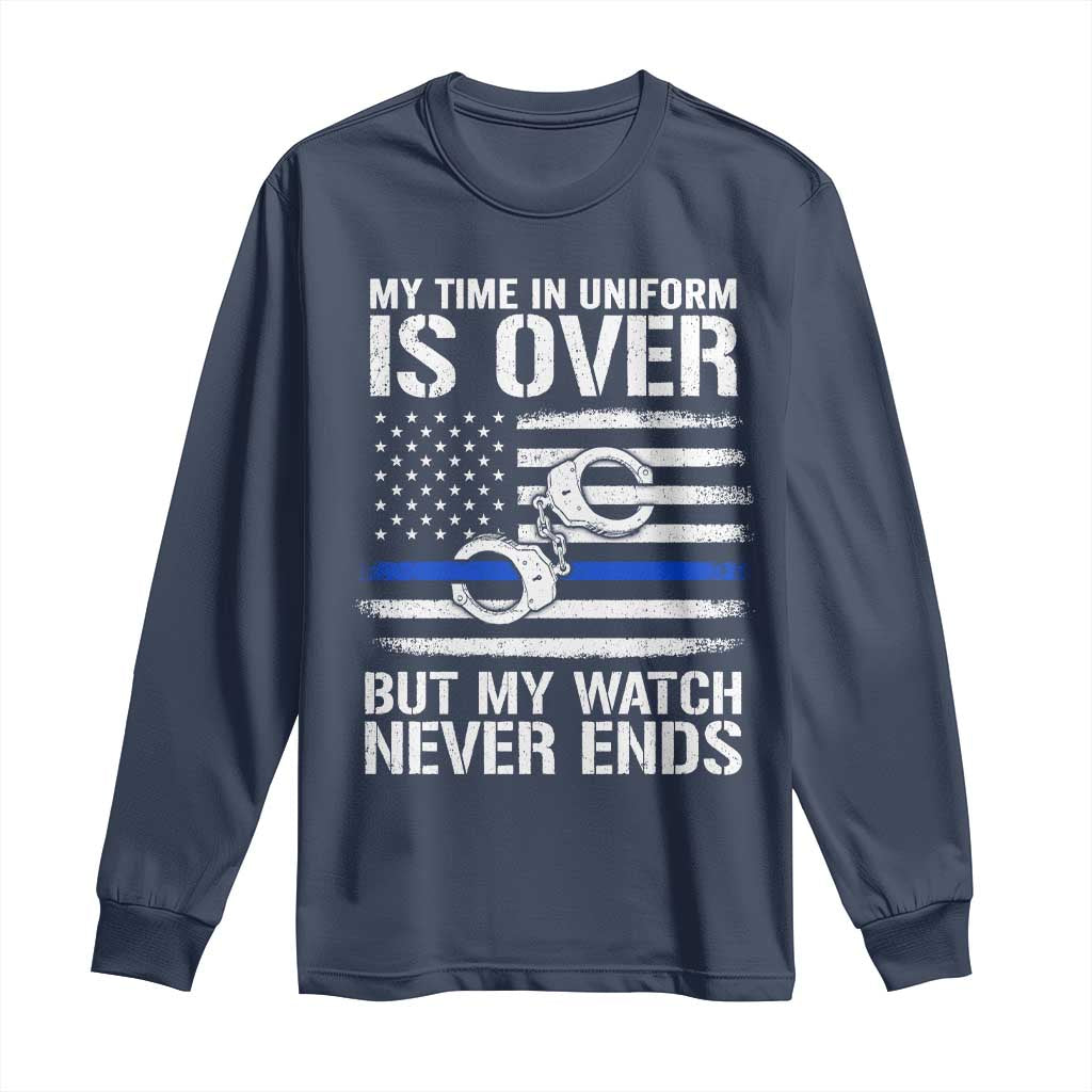 Police Retirement Long Sleeve Shirt Handcuffs US Flag Retired Police Graphic TS10 Navy Print Your Wear