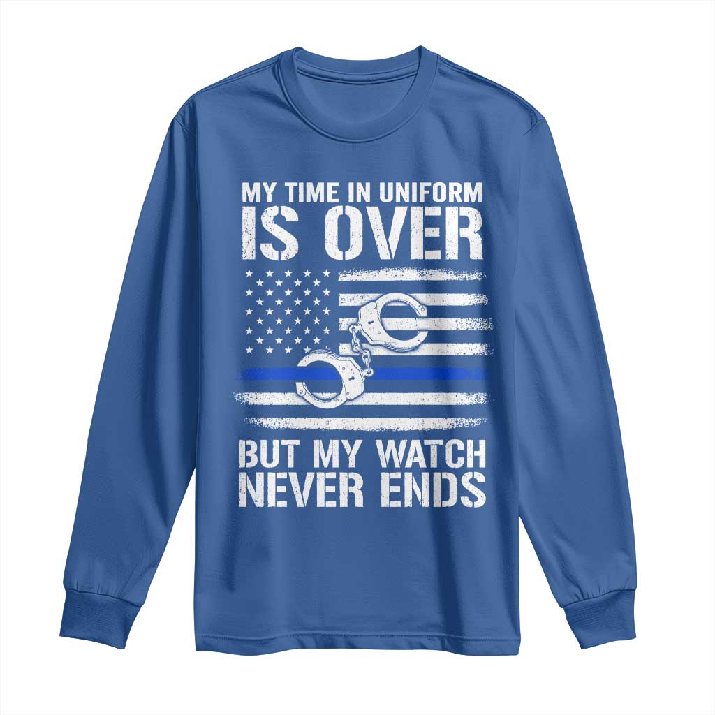 Police Retirement Long Sleeve Shirt Handcuffs US Flag Retired Police Graphic TS10 Royal Blue Print Your Wear