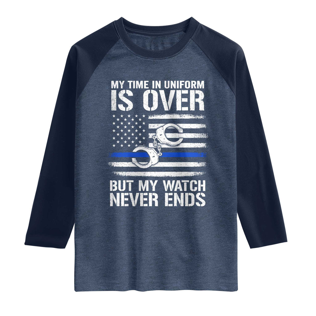 Police Retirement Raglan Shirt Handcuffs US Flag Retired Police Graphic TS10 Heather Denim Navy Print Your Wear