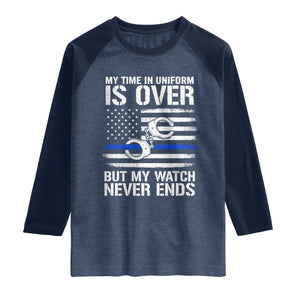Police Retirement Raglan Shirt Handcuffs US Flag Retired Police Graphic TS10 Heather Denim Navy Print Your Wear