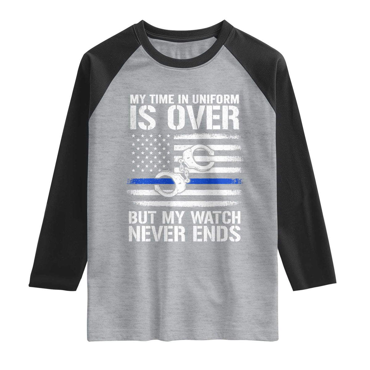 Police Retirement Raglan Shirt Handcuffs US Flag Retired Police Graphic TS10 Heather Gray Black Print Your Wear