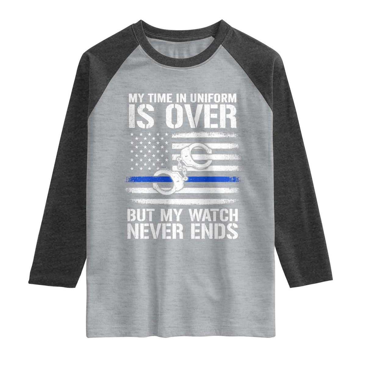 Police Retirement Raglan Shirt Handcuffs US Flag Retired Police Graphic TS10 Heather Gray Heather Charcoal Print Your Wear