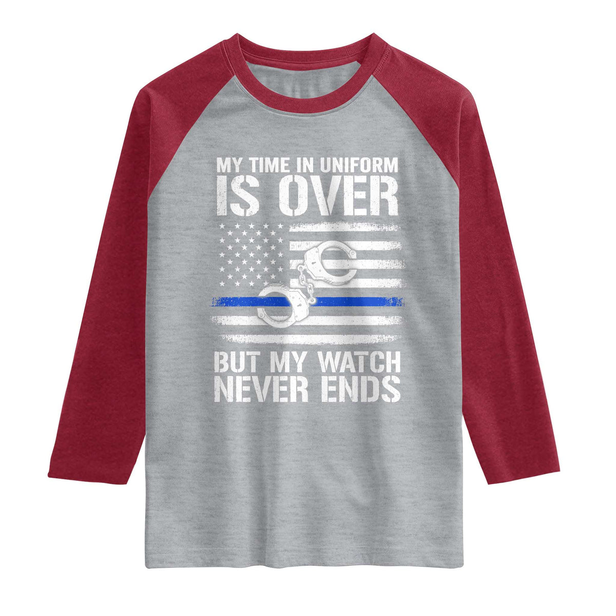 Police Retirement Raglan Shirt Handcuffs US Flag Retired Police Graphic TS10 Heather Gray Heather Red Print Your Wear