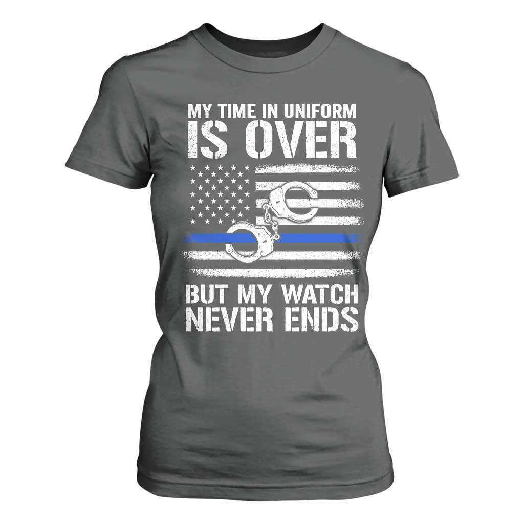 Police Retirement T Shirt For Women Handcuffs US Flag Retired Police Graphic TS10 Dark Heather Print Your Wear