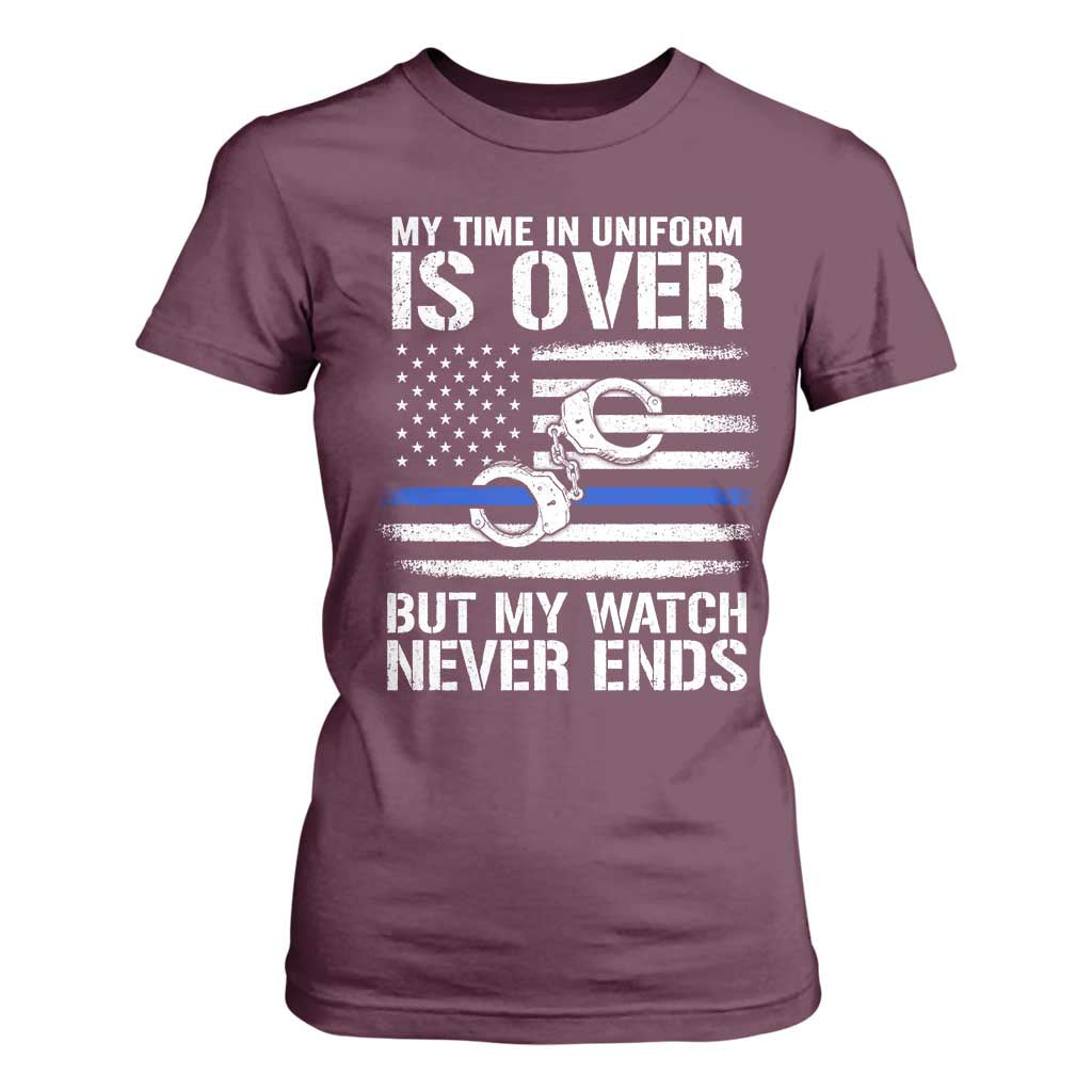Police Retirement T Shirt For Women Handcuffs US Flag Retired Police Graphic TS10 Maroon Print Your Wear