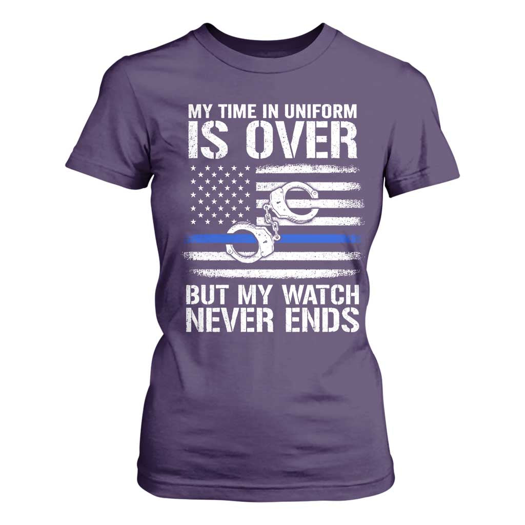 Police Retirement T Shirt For Women Handcuffs US Flag Retired Police Graphic TS10 Purple Print Your Wear