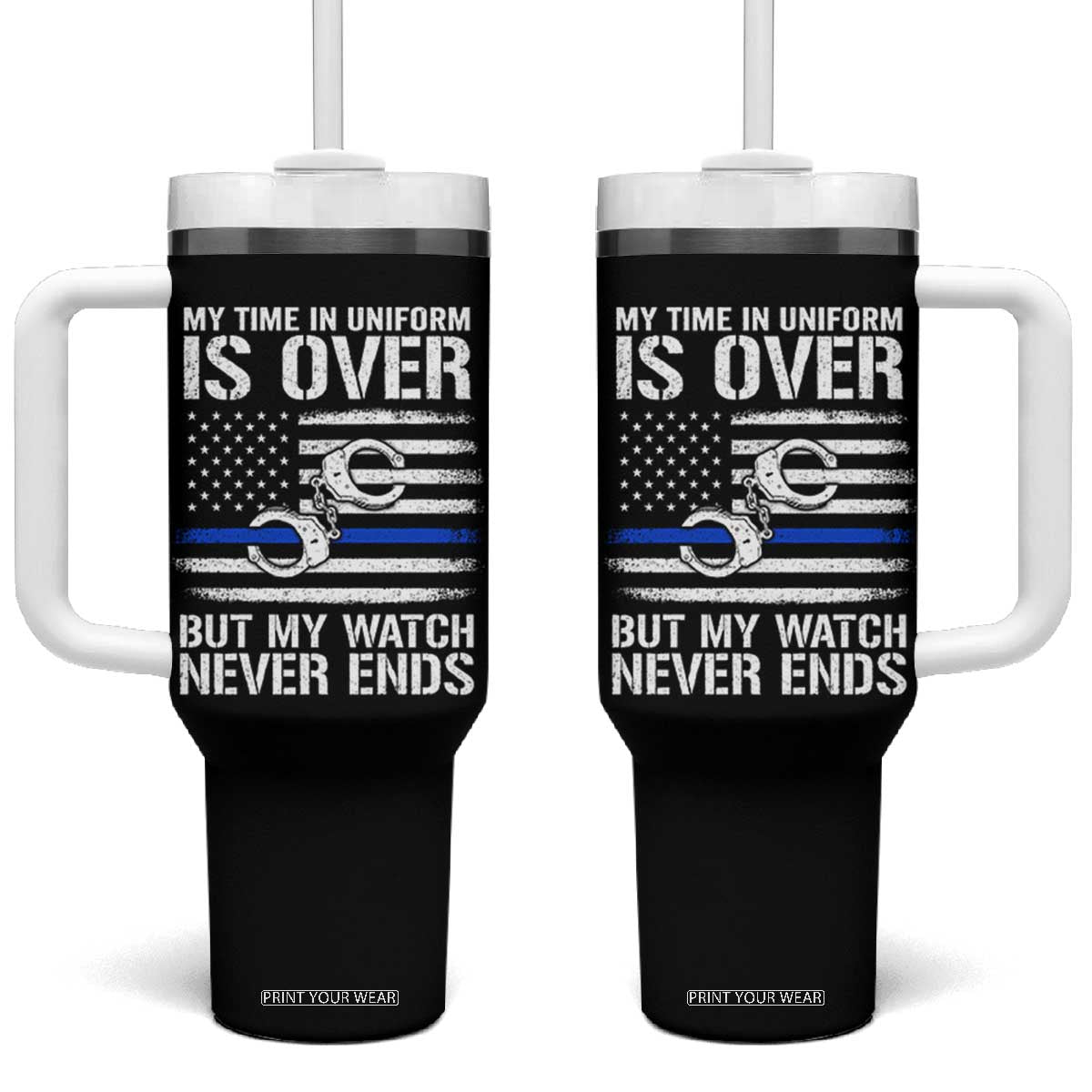 Police Retirement Tumbler With Handle Handcuffs US Flag Retired Police Graphic TS10 One Size: 40 oz Black Print Your Wear