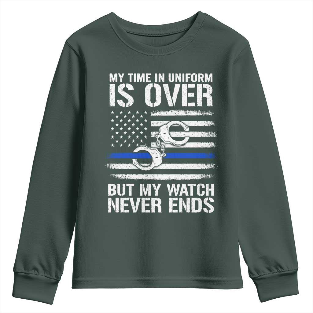 Police Retirement Youth Sweatshirt Handcuffs US Flag Retired Police Graphic TS10 Dark Forest Green Print Your Wear