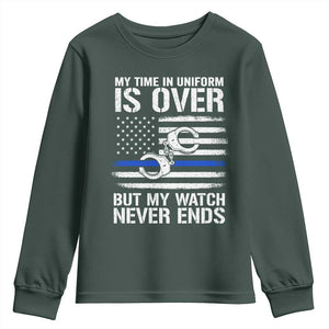 Police Retirement Youth Sweatshirt Handcuffs US Flag Retired Police Graphic TS10 Dark Forest Green Print Your Wear